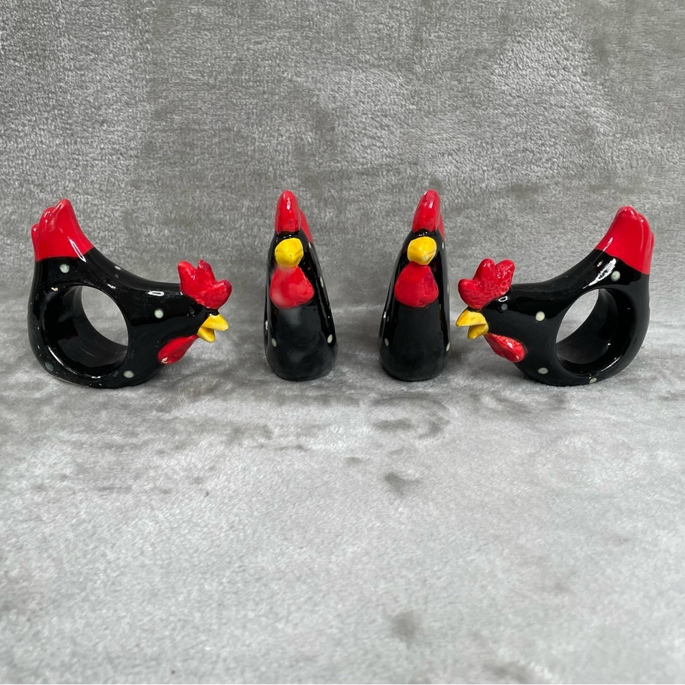 Colorful Ceramic Rooster Napkin Rings Set of 4 Black Red Yellow Farmhouse OS